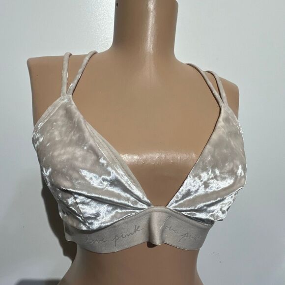 PINK Victoria's Secret Beige Velvet Strappy Back Triangle Brallette Medium - Picture 2 of 9